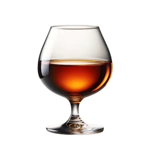 כוס סניפטר במילוי קוניאק בצבע ענבר, מוצב על רקע רגיל.