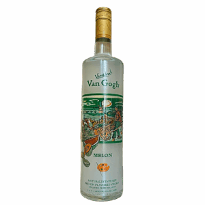 בקבוק זכוכית שקוף של וואן גוך מלון עם פקק זהוב ותווית צבעונית עם נוף חיצוני. מתאים לאירועים – Alcohol Market. – אלכוהול מרקט