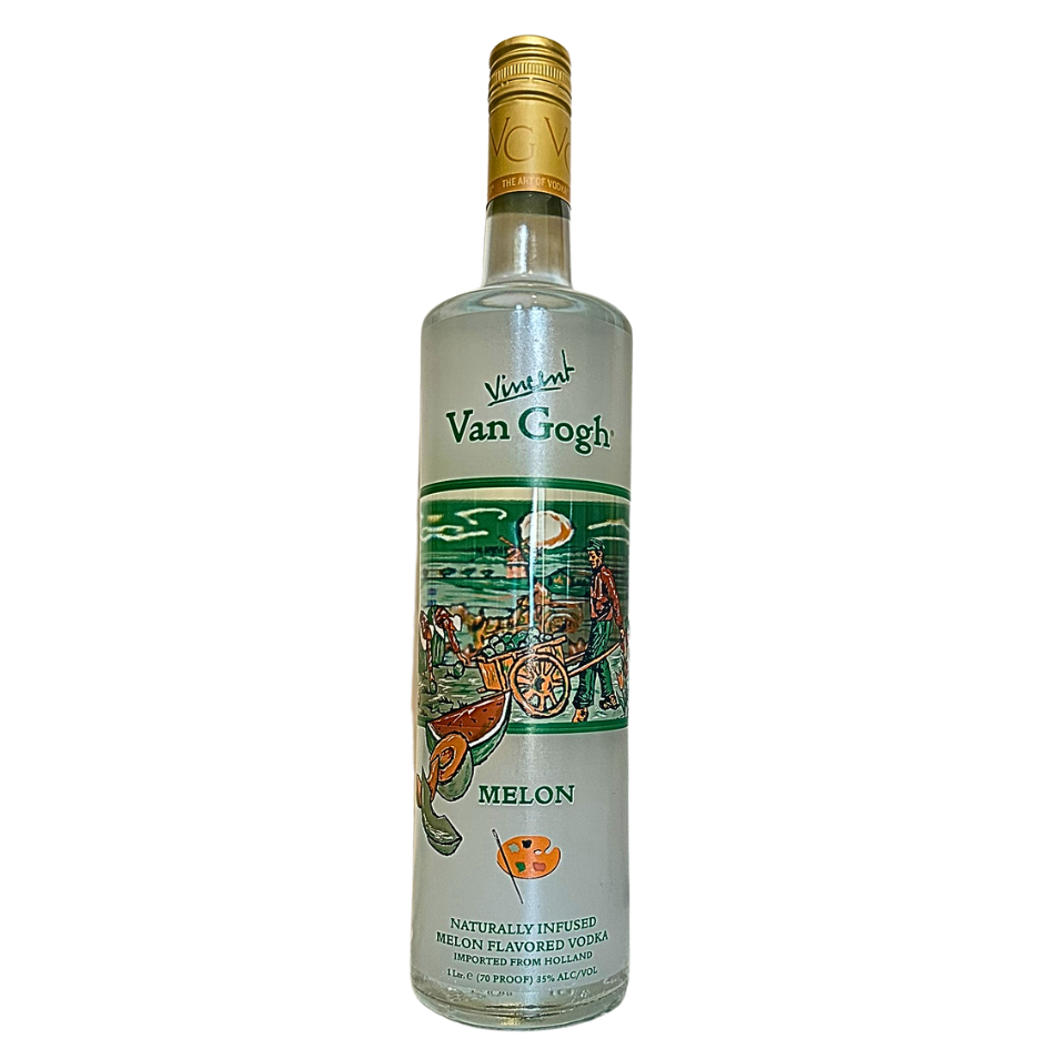 בקבוק זכוכית שקוף של וואן גוך מלון עם פקק זהוב ותווית צבעונית עם נוף חיצוני. מתאים לאירועים – Alcohol Market. – אלכוהול מרקט