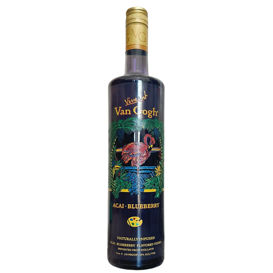 בקבוק וואן גוך אסאי, וודקה בטעם אוכמניות עם תווית ססגונית של פלמינגו במים בין צמחים טרופיים. מתאים לאירועים – Alcohol Market. – אלכוהול מרקט