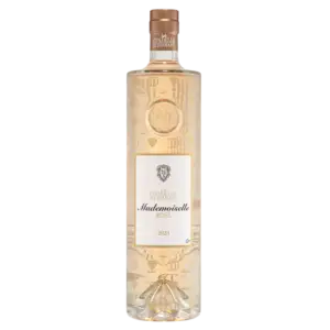 בקבוק גבוה ושקוף של Citadelle Gin Mademoiselle Rosé 2023, הכולל עיצובים דקורטיביים מזהב ותווית לבנה עם טקסט אלגנטי, ומעליה פקק זהב.