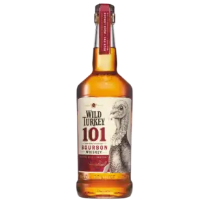 בקבוק טורקי 101 כולל איור תרנגול הודו מפורט, כיתוב אדום ושחור מודגש, ונוזל ענבר הנראה מתחת לאטום הצוואר האדום הייחודי שלו.