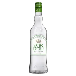 בקבוק זכוכית שקופה של ערק עלית אקסטרה עם תווית ירוק ולבן עם טקסט בעברית וכתר זהב, ומעליו פקק ירוק. עיצוב הבקבוקים כולל טקסט בולט ליד הבסיס.