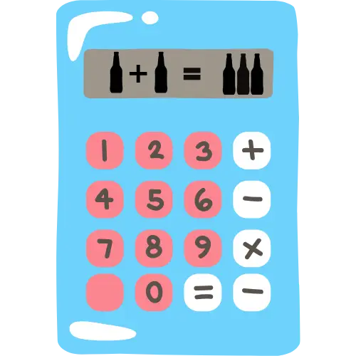 מחשבון מצויר כחול עם מספרים וסמלים מתמטיים. הצג שלו מציג משוואה באמצעות סמלי בקבוקים: בקבוק אחד ועוד שני בקבוקים שווה שלושה בקבוקים.