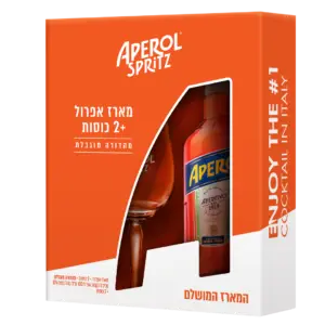 המארז אפרול + 2 כוסות כולל בקבוק ושתי כוסות ממותגות, הנראות דרך גזרה. דגשים בעברית ובאנגלית תהנו מהקוקטייל מספר 1 באיטליה. כל הפריטים מוצגים יפה.