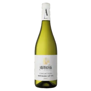 בקבוק יין Artisanals Creation White Blend 2023 עם תווית לבנה וזהובה, עם כיתוב באנגלית ובעברית, ופקק לבן עם האות A שחורה גדולה עליו.