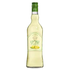 בקבוק זכוכית שקוף עם פקק ירוק, המכיל נוזל צהוב בהיר. על התווית עיטורי כתר ולימונים, עם כיתוב עברי ונגיעות ירוקות.