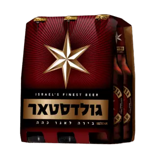 שישיית בירה גולדסטאר בבקבוקים עם עיצוב כוכב אדום וזהב ואריזת "Israel’s Finest Beer" באנגלית ובעברית.