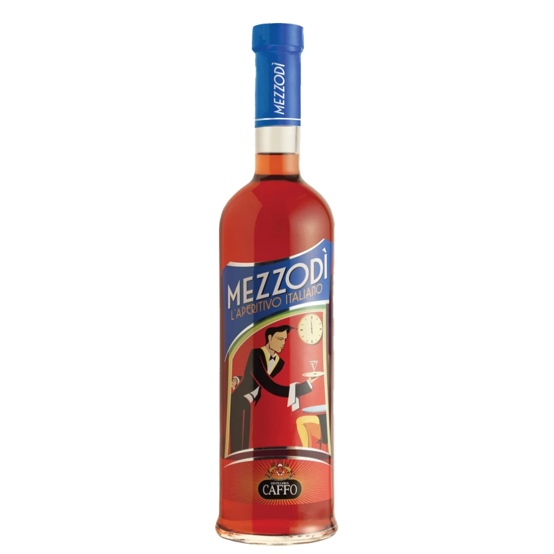 בקבוק ליקר אפריטיבו, המכיל ליקר אדום-כתום עז ותווית מסוגננת עם איור של ברמן המגיש משקאות בבר שיקי.