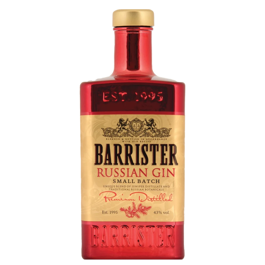 בקבוק זכוכית אדום של ג'ין רוסי Barrister עם תווית בצבעי בז' וזהב, ועליה כיתוב בשחור ואדום, כולל שם המוצר ראשן סמול באטש, וכן פרטים על מקור המוצר ותכולת האלכוהול.