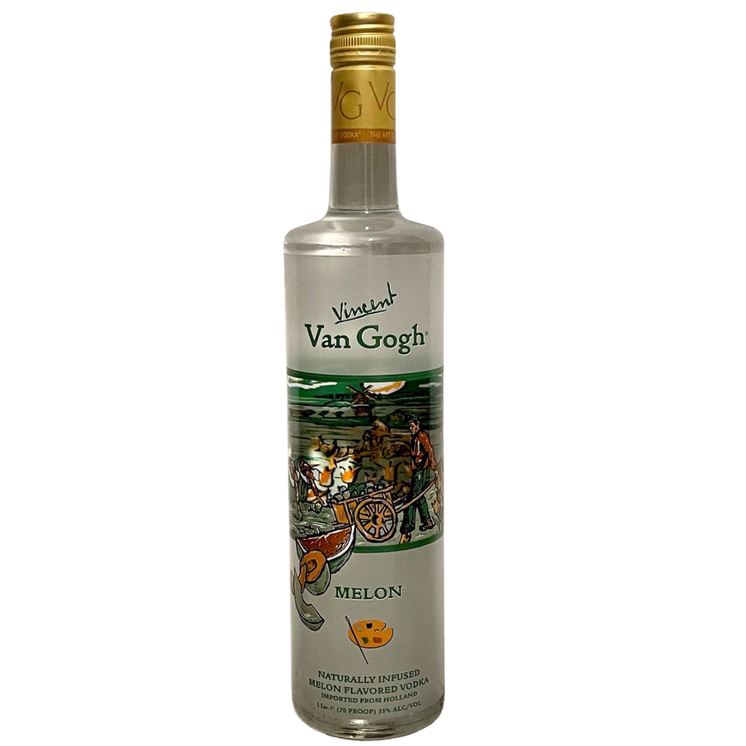 בקבוק שקוף של וודקה Van Gogh Melon עם איורים צבעוניים ופקק זהוב. על התווית מופיעים וינסנט ואן גוך ומלון, עם איור המתאר את הסצנה וטקסט המציין שמדובר בוודקה בטעם מלון טבעי.