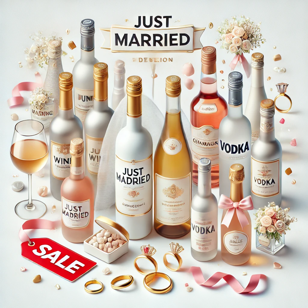תצוגה חגיגית של בקבוקי יין וודקה עם תווית Just Married, מוקפים בטבעות נישואין, זר פרחים, כוס יין, קופסת טבעת ותווית מבצע אדומה על רקע לבן. מתאים לאירועים – Alcohol Market. – אלכוהול מרקט