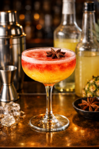 קוקטייל צבעוני בכוס קופה בגווני צהוב ואדום עם קישוט של כוכב אניס. מתאים לאירועים. ברקע: כלי בר, בקבוקים, קרח ואננס – Alcohol Market. – אלכוהול מרקט