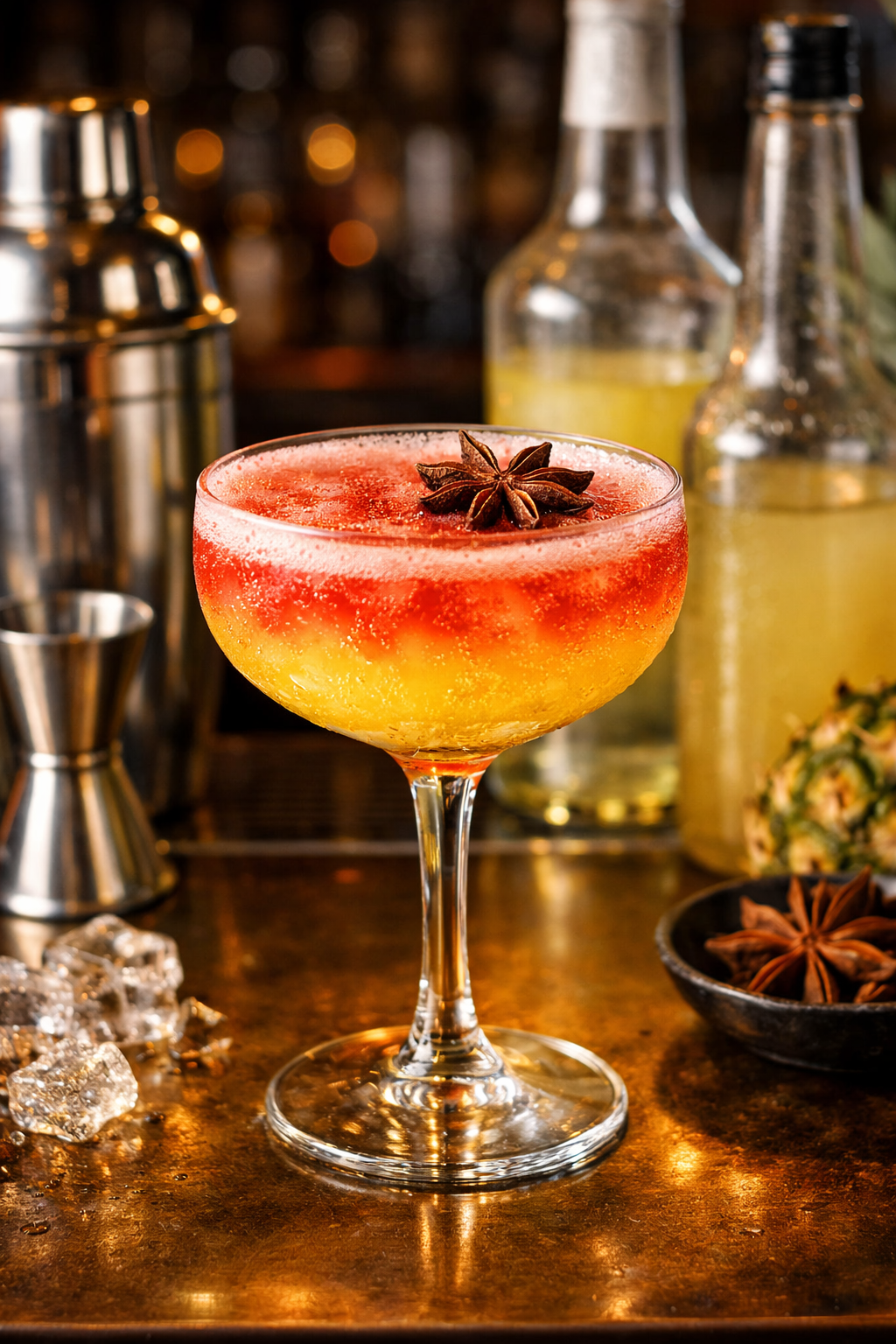 קוקטייל צבעוני בכוס קופה בגווני צהוב ואדום עם קישוט של כוכב אניס. מתאים לאירועים. ברקע: כלי בר, בקבוקים, קרח ואננס – Alcohol Market. – אלכוהול מרקט