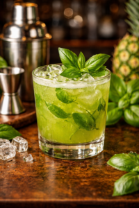 כוס קוקטייל עם משקה ירוק, עלי בזיליקום וקרח, מקושטת בבזיליקום. שייקר מתכת, מד כמות, אננס ועלים על בר עץ. מתאים לאירועים – Alcohol Market. – אלכוהול מרקט