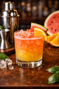 קוקטייל צבעוני בכוס עם קרח, במעבר גוונים מצהוב לאדום, מקושט באבטיח ופרוסת תפוז. ברקע שייקר, ג'יגר ופירות. מתאים לאירועים – Alcohol Market. – אלכוהול מרקט