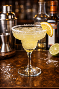קוקטייל מרגריטה בכוס עם שוליים מצופות מלח, מקושט בפרוסת לימון, על הדלפק עם ליים, בקבוקים ושייקר. מתאים לאירועים – Alcohol Market. – אלכוהול מרקט