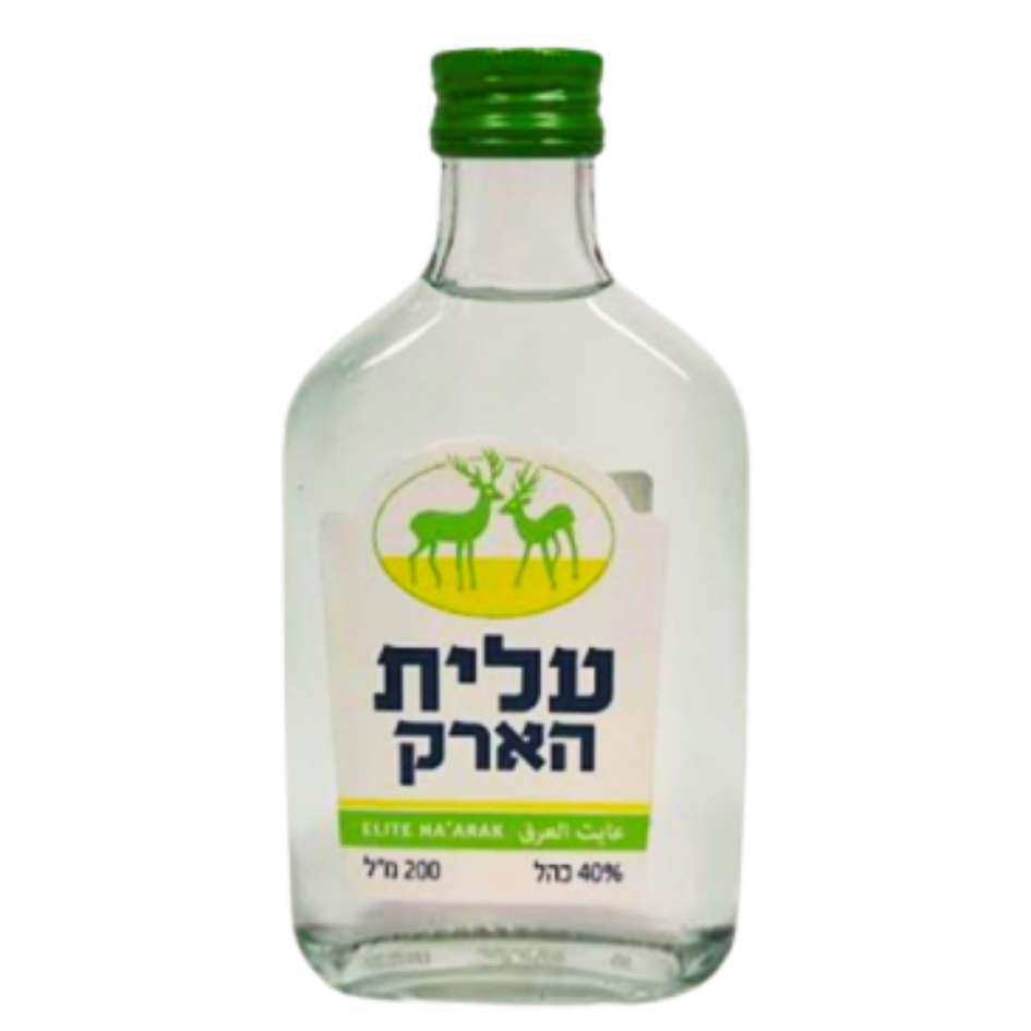 ארק אליט 200 מ"ל בבקבוק זכוכית שקוף, פקק ירוק, תווית עם שני איילים וכיתוב בעברית ובערבית. מתאים לאירועים – Alcohol Market. – אלכוהול מרקט
