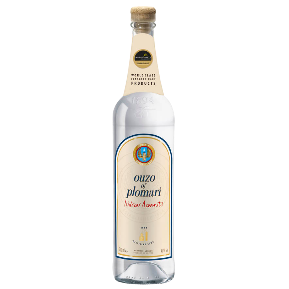 בקבוק זכוכית שקוף של אוזו פלומארי בנפח 700 מ"ל, משקה יווני עם תווית בצבעי בז' וכחול, פקק שעם. מתאים לאירועים – Alcohol Market. – אלכוהול מרקט