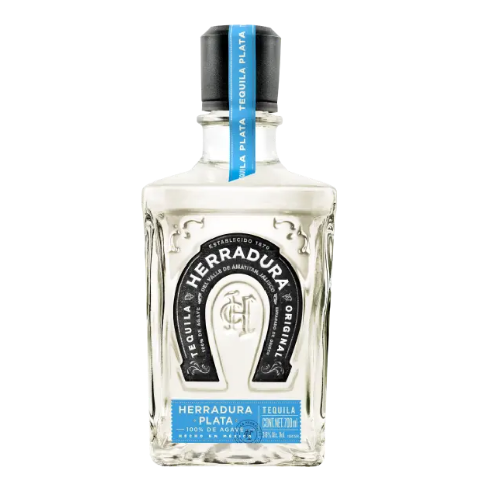 בקבוק זכוכית שקוף בנפח 700 מ"ל של טקילה הרדורה פלטה, עם תווית בצורת פרסה בצבעים כחול ושחור וסרט כחול על צוואר הבקבוק. מתאים לאירועים – Alcohol Market. – אלכוהול מרקט