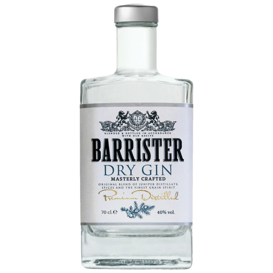 בקבוק זכוכית שקוף של ג'ין באריסטר יבש בנפח 700 מ"ל, עם פקק כסף ותווית מעוצבת בצבעים לבן, שחור, כחול וזהב. מתאים לאירועים – Alcohol Market. – אלכוהול מרקט