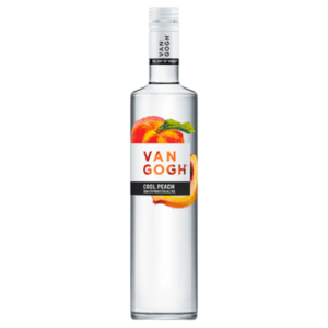 בקבוק "ואן גוך" בטעם אפרסק, עם איור צבעוני של אפרסק ולוגו המותג בצבע כתום, המדגיש את הטעם המרענן. מתאים לאירועים – Alcohol Market. – אלכוהול מרקט