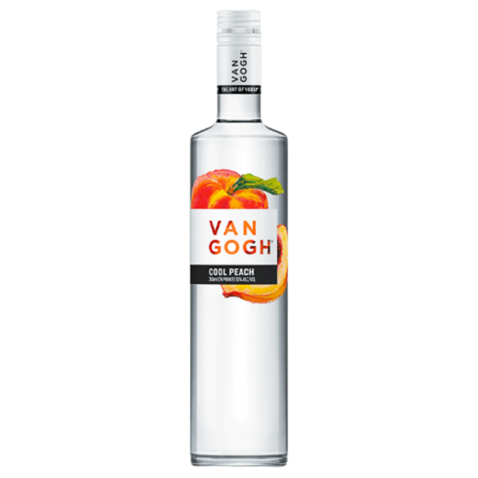 בקבוק "ואן גוך" בטעם אפרסק, עם איור צבעוני של אפרסק ולוגו המותג בצבע כתום, המדגיש את הטעם המרענן. מתאים לאירועים – Alcohol Market. – אלכוהול מרקט