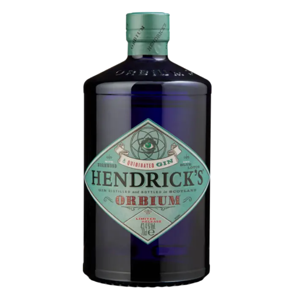 בקבוק ג'ין הנדריקס אורביום 700 מ"ל בצבע כחול כהה, עם תווית בצורת יהלום בצבע טורקיז הנושאת את שם המותג, דוגמאות גיאומטריות ועין – Alcohol Market. – אלכוהול מרקט