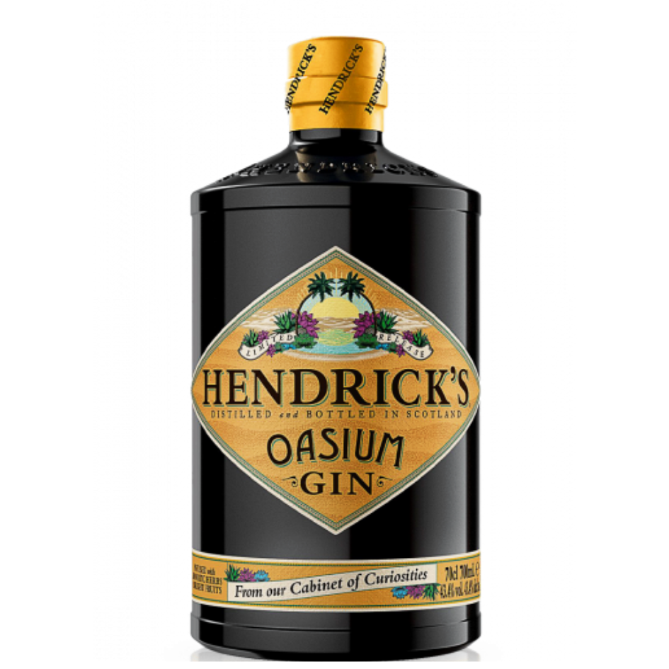 בקבוק שחור של ג'ין הנדריקס אמזוניה 700 מ"ל, תווית צהובה עם צמחים טרופיים ודקלים, פקק תואם – מתאים לאירועים – Alcohol Market. – אלכוהול מרקט